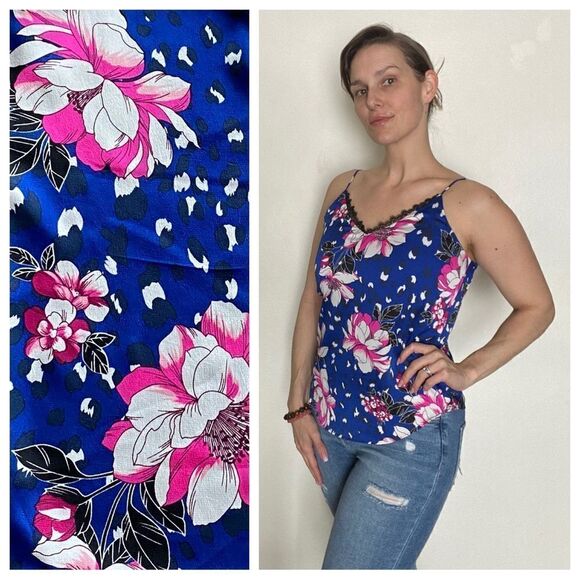 Express V Neck Floral Tank Top Small Blue Pink Lace - Picture 1 of 10